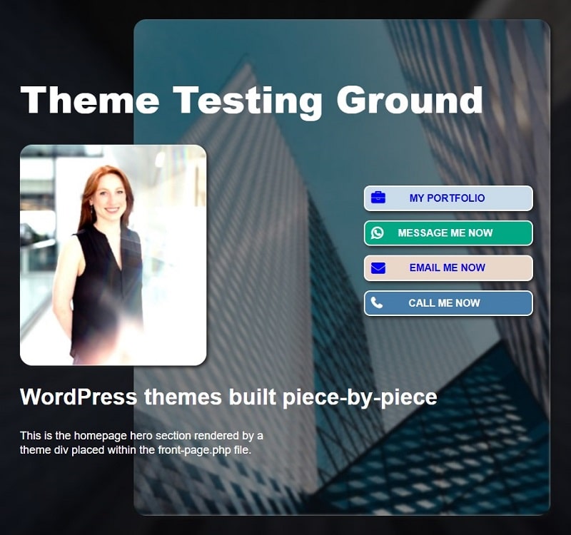 WordPress front-page.php, hixonic.com hero section, theme divs